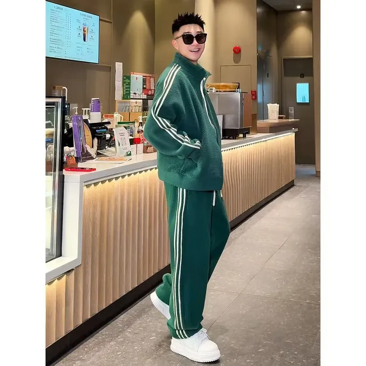 美式条纹摇粒绒运动套装加绒加厚卫衣卫裤时尚休闲宽松百搭两件套