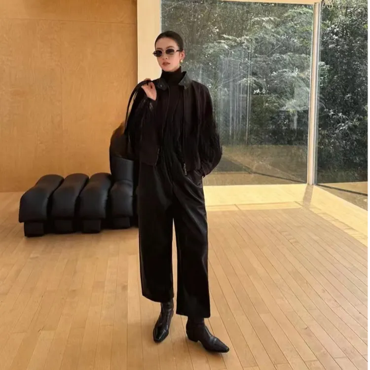 秋冬休闲裤适合长款风衣的皮裤纯色口袋阔腿裤九分裤时尚百搭简约