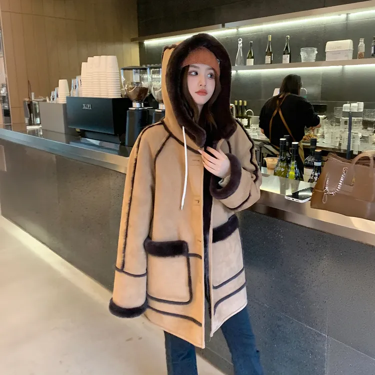 奥顿思兰迪皮毛一体中长款毛毛外套女冬新款休闲宽松加厚麂皮绒