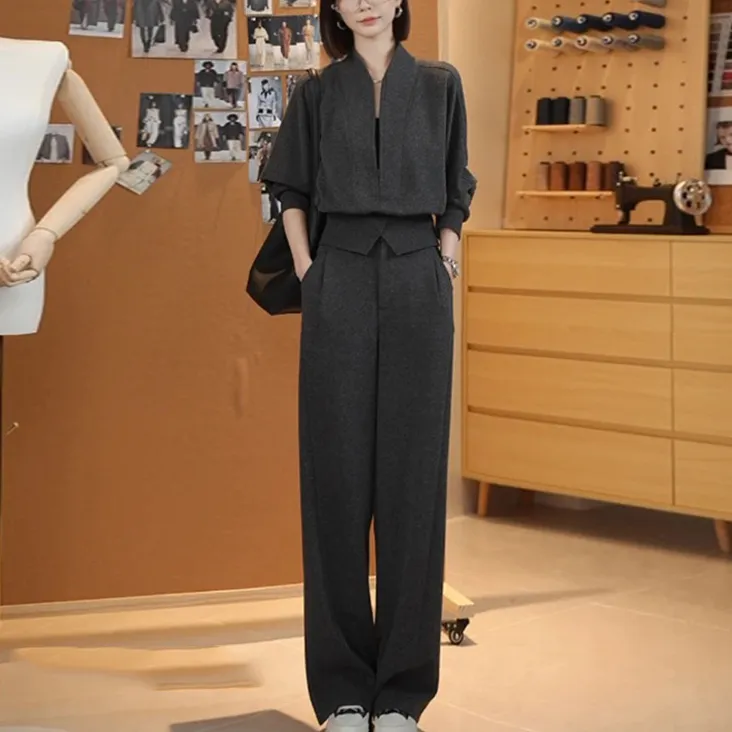 2025春秋新款松弛感时尚减龄洋气休闲长袖拉链卫衣女阔腿裤两件套