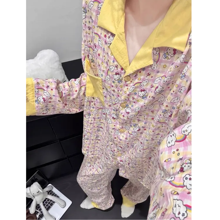 韩国甜美格子可爱KT猫睡衣女秋季新款撞色翻领长袖长裤家居服套装