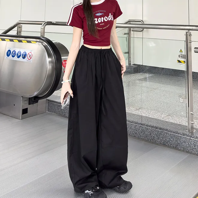 新款高腰薄款阔腿裤拼接裤遛弯裤多巴胺风LB41026