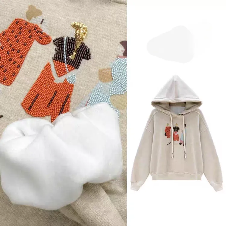 Nalian/拿恋豆子优选-时尚抽绳连帽手工钉珠加绒卫衣女   DZ99195