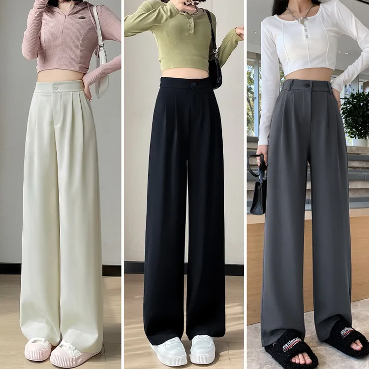 （现货带险）冰丝夏季窄版直筒西装裤女高腰宽松拖地阔腿休闲裤