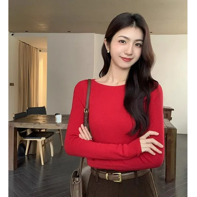 一字船领毛衣女秋冬修身显瘦内搭打底衫薄款针织衫上衣长袖时尚