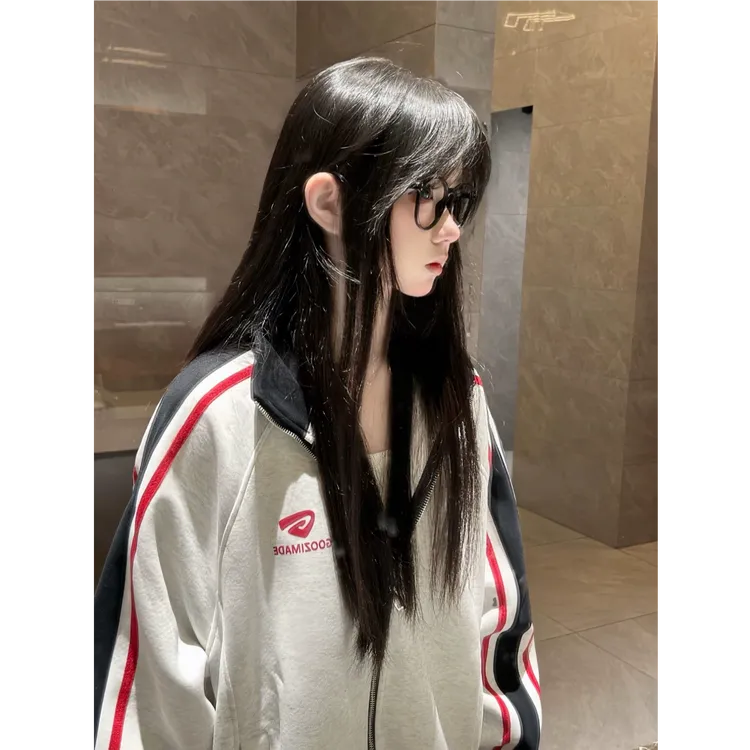 美式撞色条纹插肩设计感棒球服立领拉链卫衣外套女春秋慵懒风夹克