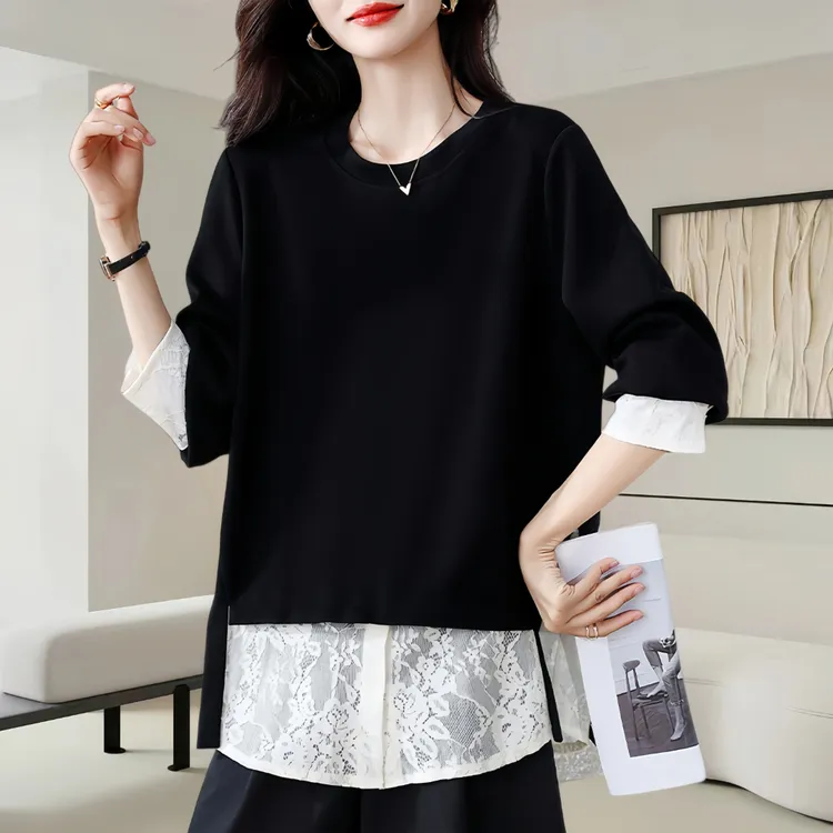 2025秋季新款女大码假两件黑色圆领卫衣时尚蕾丝拼接长袖休闲上衣