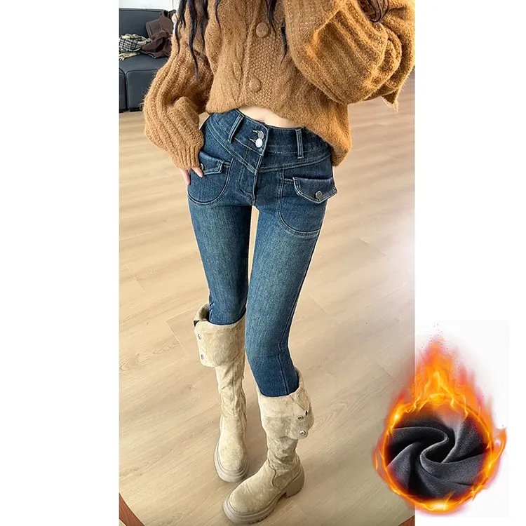 美式弹力加绒小脚牛仔裤女秋冬季高腰双排扣显瘦紧身百搭铅笔裤子