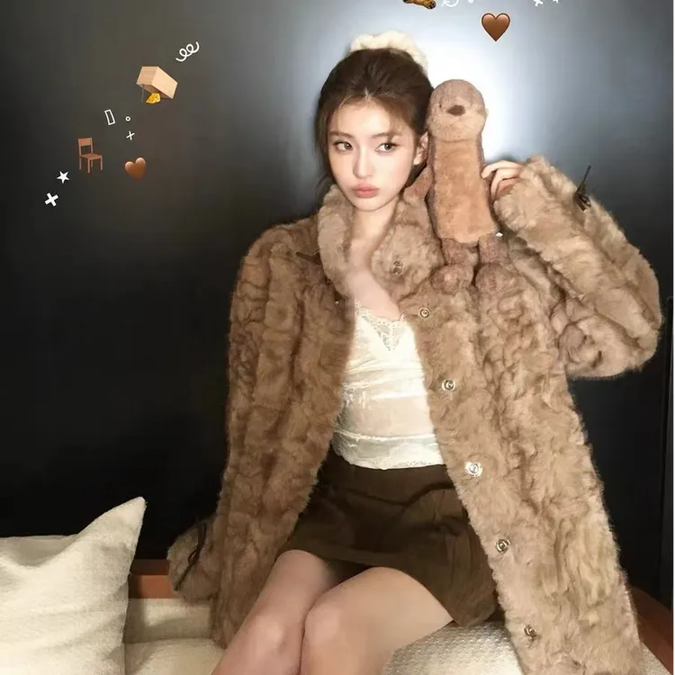 小熊心事立领染尖皮毛一体羊羔毛外套女中长款宽松毛毛绒大衣女冬