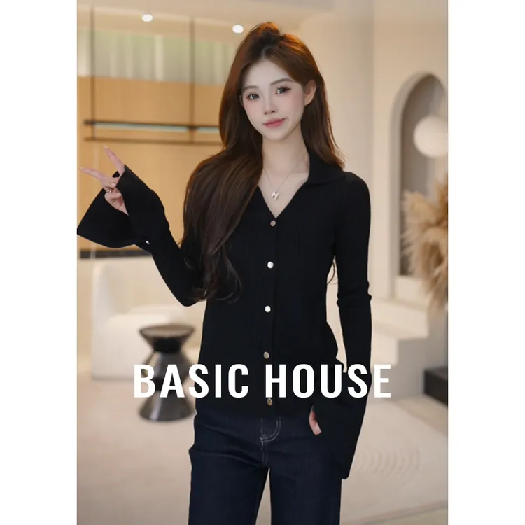 Basic House/百家好秋季新款法式喇叭袖V领针织开衫B1195B57C42