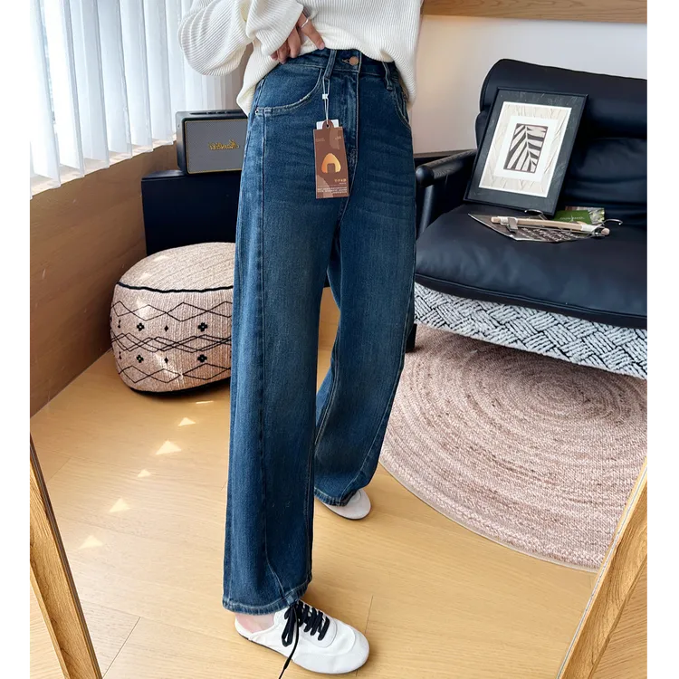 立体斜裁阔腿牛仔裤女2025秋季新款小个子高腰显瘦弹力直筒九分裤