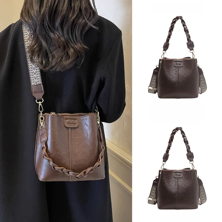 通勤款大容量高级感咖色宽肩带水桶包包女2025新款皮质斜挎单肩包