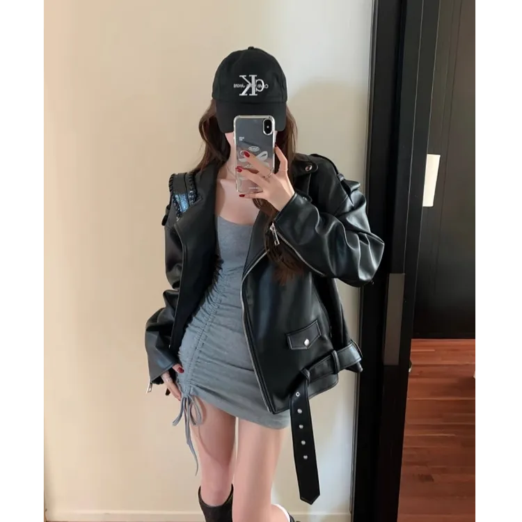 秋季ins街头酷辣皮衣外套女宽松oversize夹克大码PU皮气质机车服