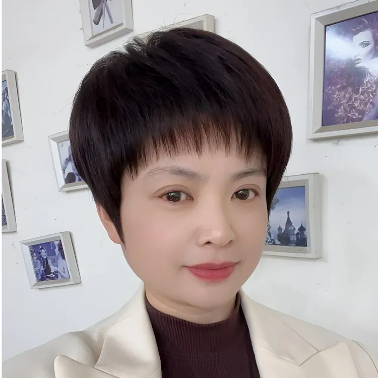 精致短直发整顶假发手工真发发质舒适轻薄透气调节固定佩戴