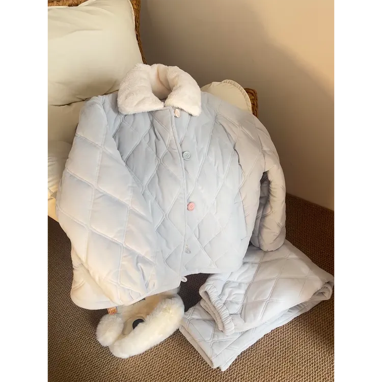 韩版甜美纯色保暖夹棉睡衣女2025秋冬季新款加厚家居服套装可外穿