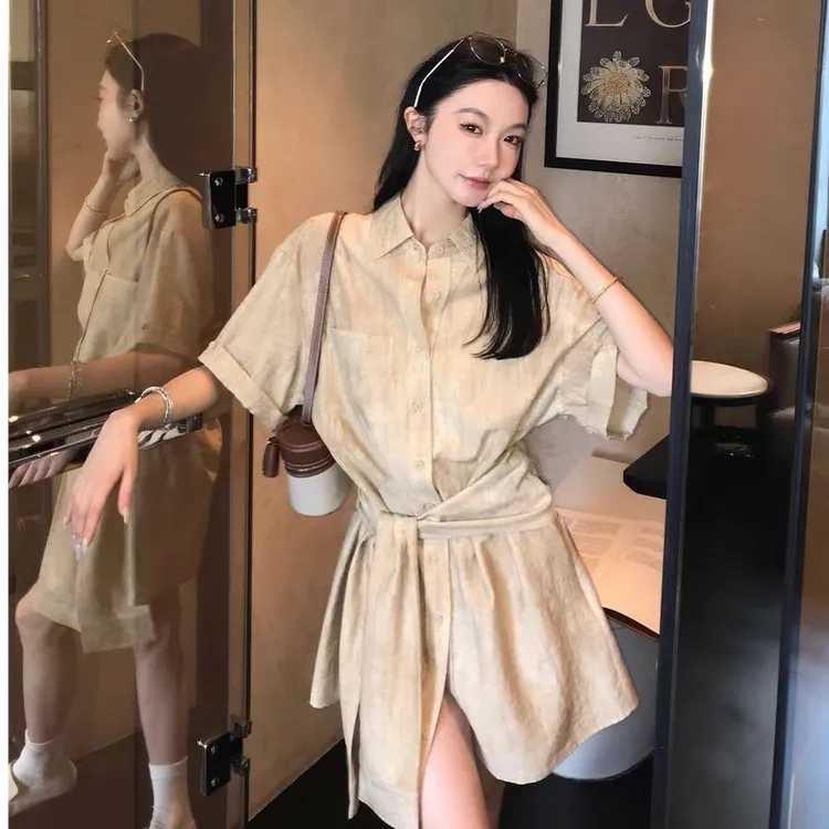 显瘦连衣裙系带收腰奶油色知性风温柔长裙中袖翻领衬衫裙显瘦气质