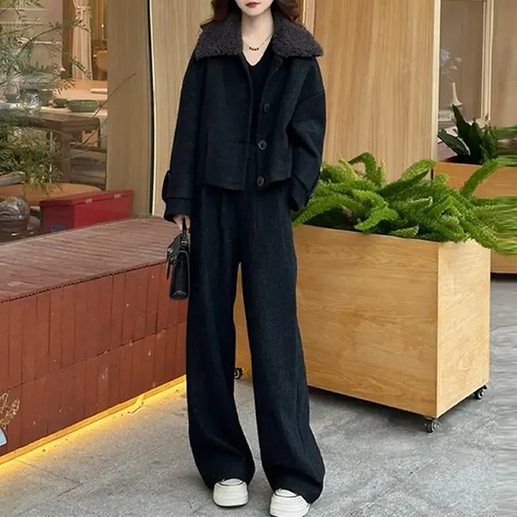 香朵儿两件套装女2025秋冬新款小个子大翻领短款外套+宽松阔腿裤