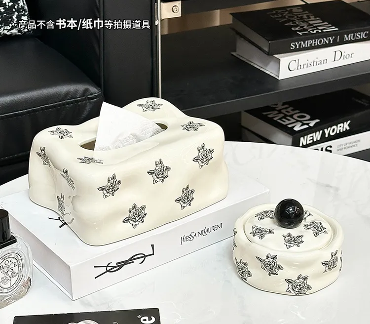 法式复古收纳印花烟灰缸带盖防飞灰家用客厅大气高级感创意轻奢