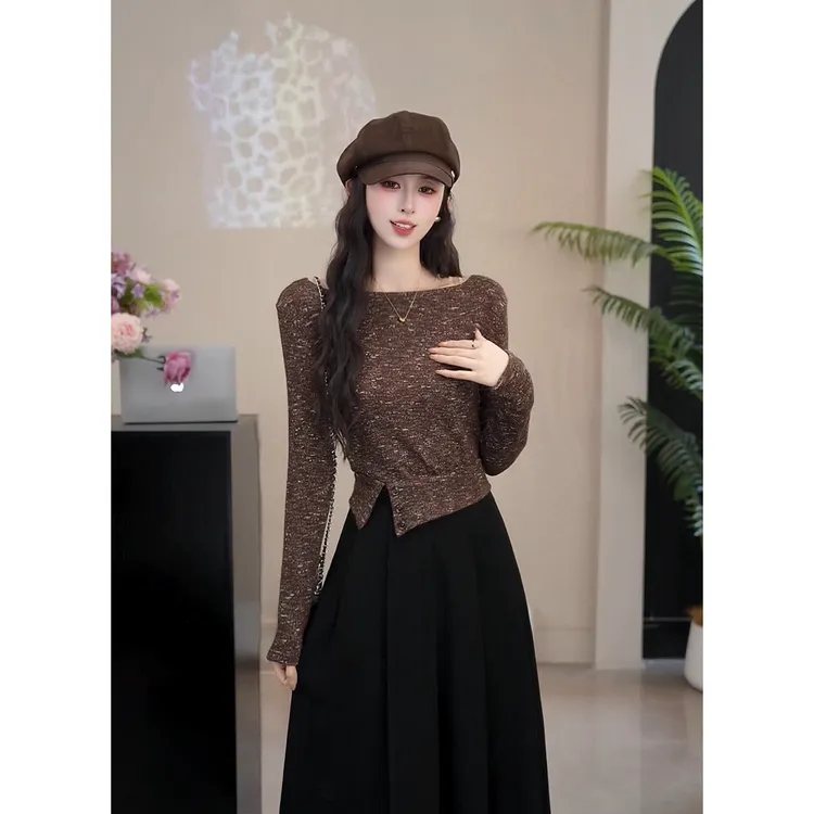 YUANLIANSU/圆脸酥【芒寒色正】设计感不规则下摆拼接针织衫女秋季