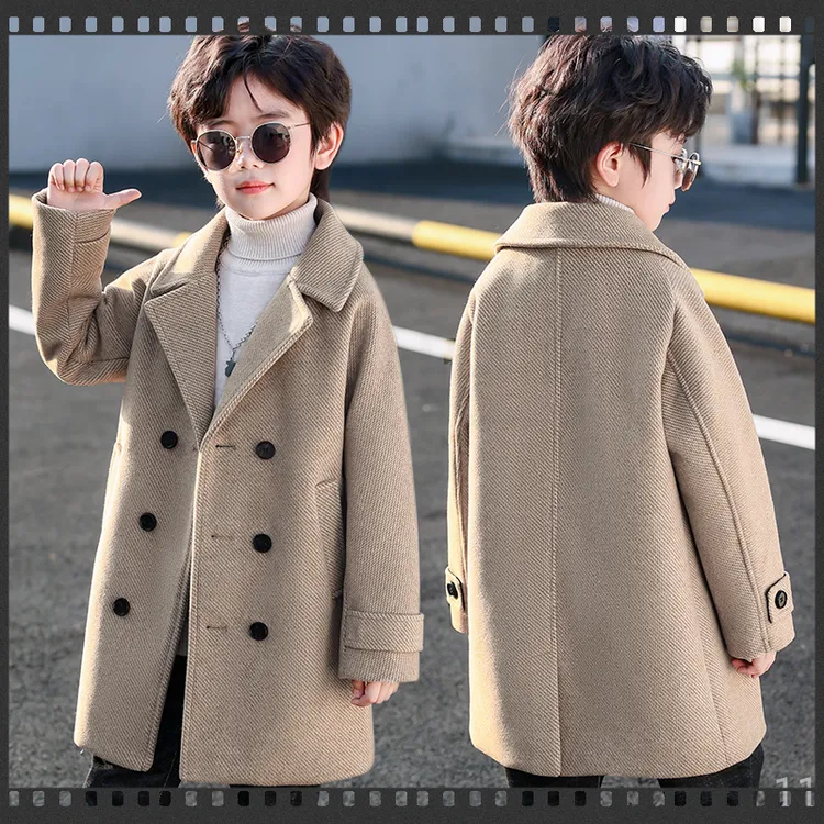男童韩版加厚呢子大衣儿童双排扣中长款毛呢大风衣外套春秋衣服