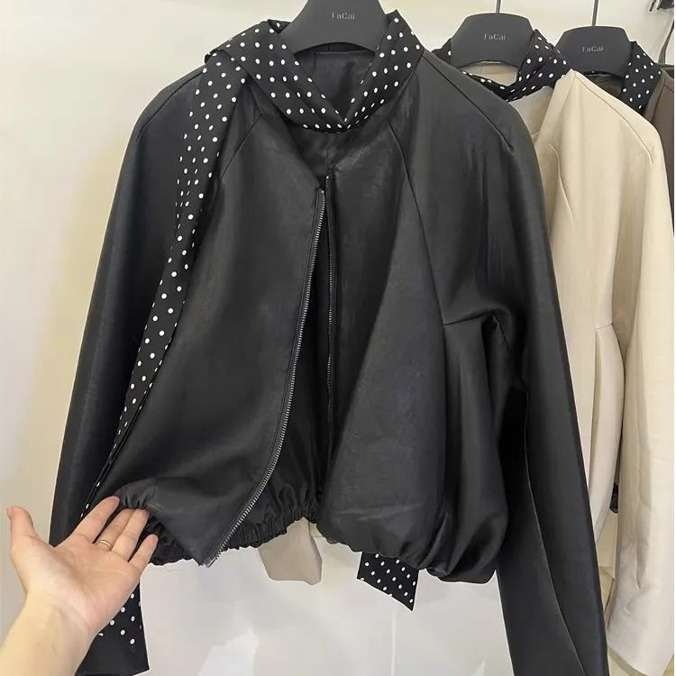 韩系蛋白皮短款皮衣外套女2025秋季新款波点小飘带宽松夹克2536#