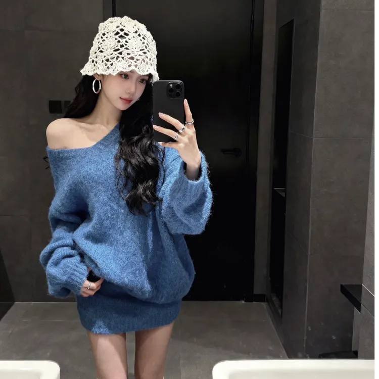 慵懒风露肩性感针织上衣宽松女装网红纯欲风宽松包臀裙短裙半身裙