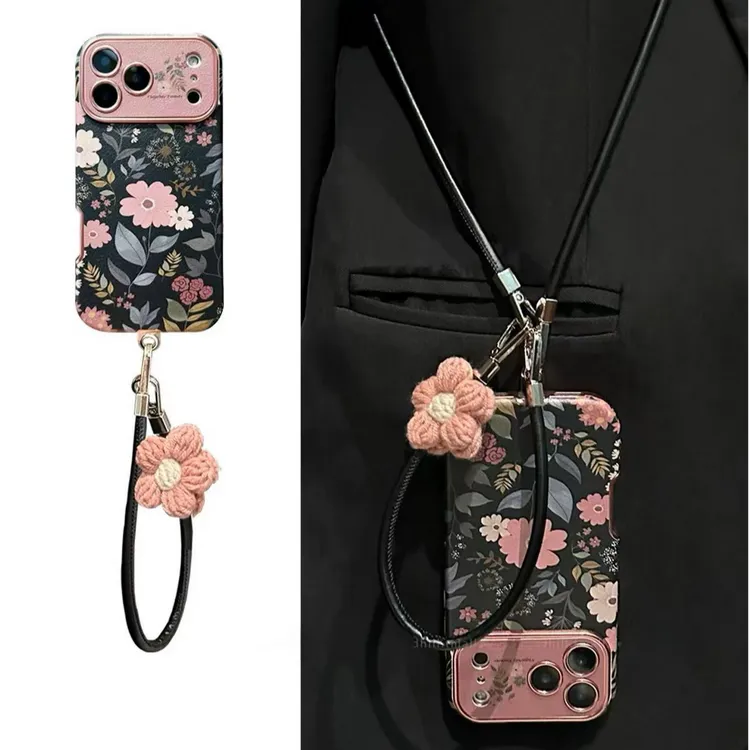 秋冬粉黑皮纹绿叶花朵适用苹果17promax手机壳iphone16pro手绳15