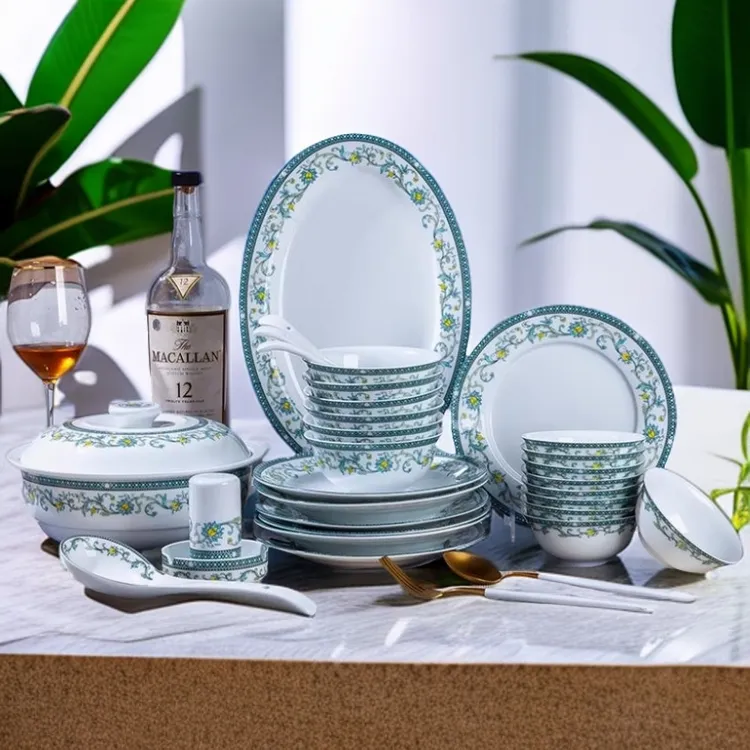 醴陵釉中餐具简约缠枝莲中国风高温瓷高档54头碗盘套装乔迁家用