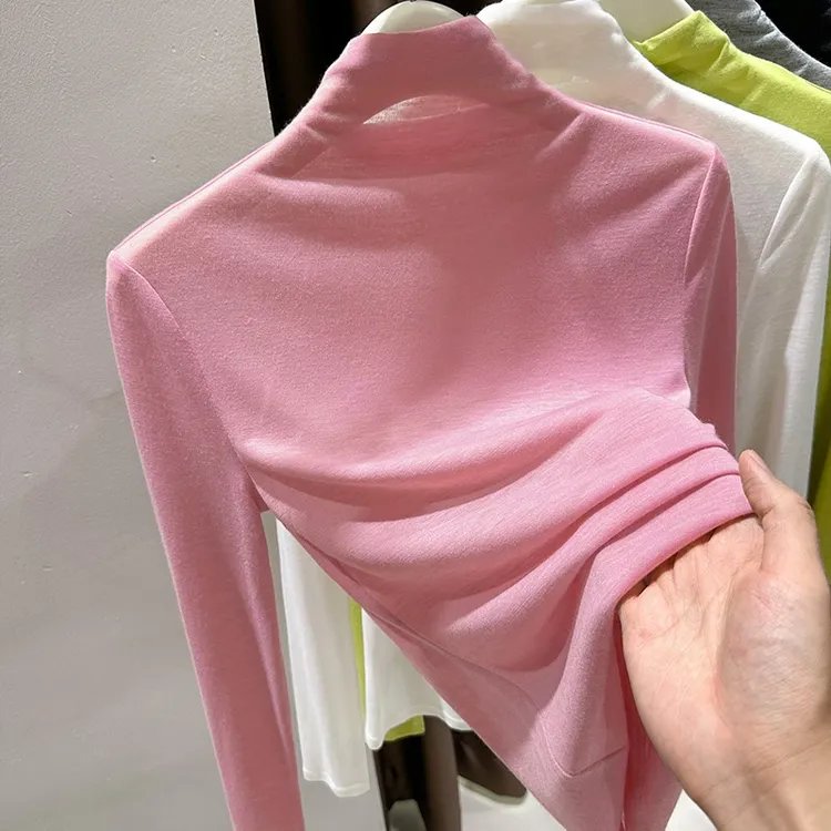 粉色半高领薄款打底衫女秋冬2025爆款长袖内搭T恤洋气针织衫上衣