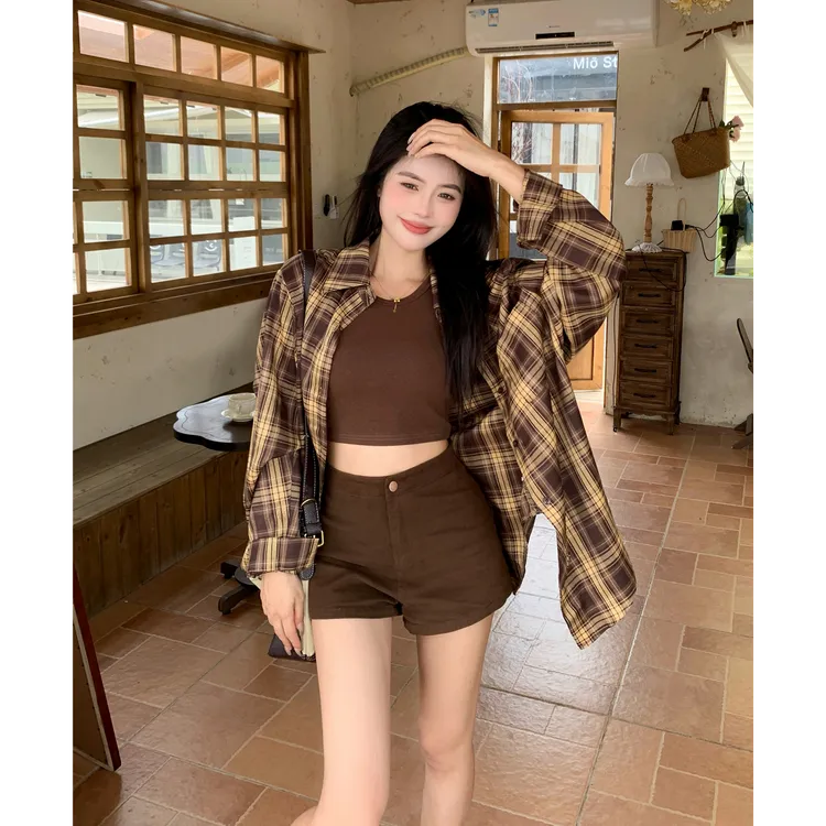 格子polo领衬衫女春美式复古休闲中长款防晒外套宽松长袖衬衣上衣