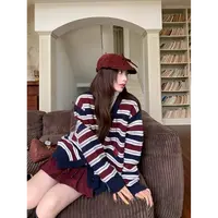 【加州休闲日】美式复古撞色条纹针织开衫女凹凸纹毛衣外套