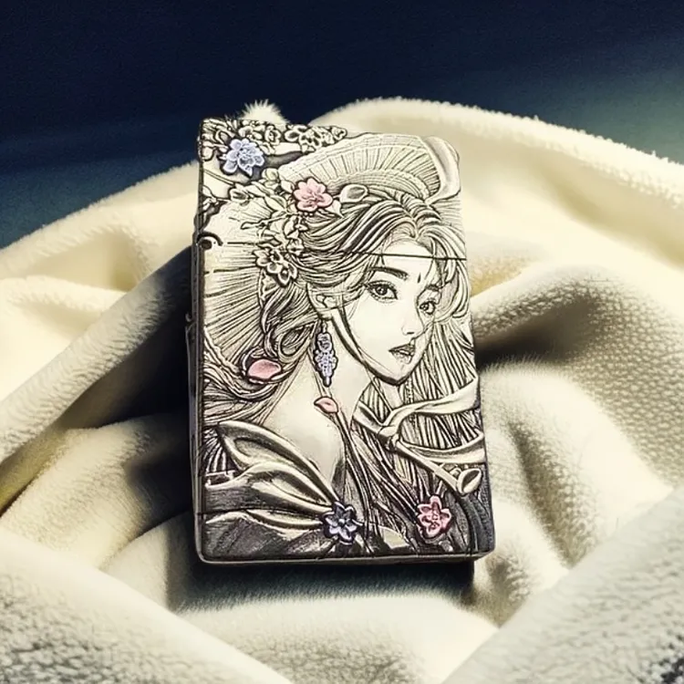 采茶女黄铜浮雕镶嵌小重甲煤油打火机双面个性仿古