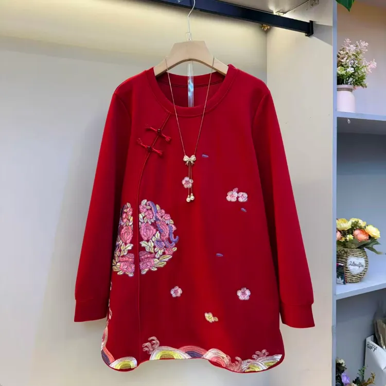 大码新款时尚气质宽松百搭新中式盘扣复古风舒适圆领长袖显瘦大衫