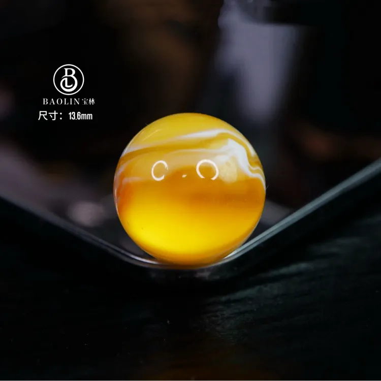 「蛋黄布丁」13.6mm橘金彩沁拉丝圆珠  天然琥珀蜜蜡高端文玩配饰