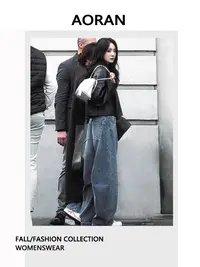 杨幂同款蓝色阔腿牛仔裤女2025秋季新款复古高腰显瘦宽松直筒裤子