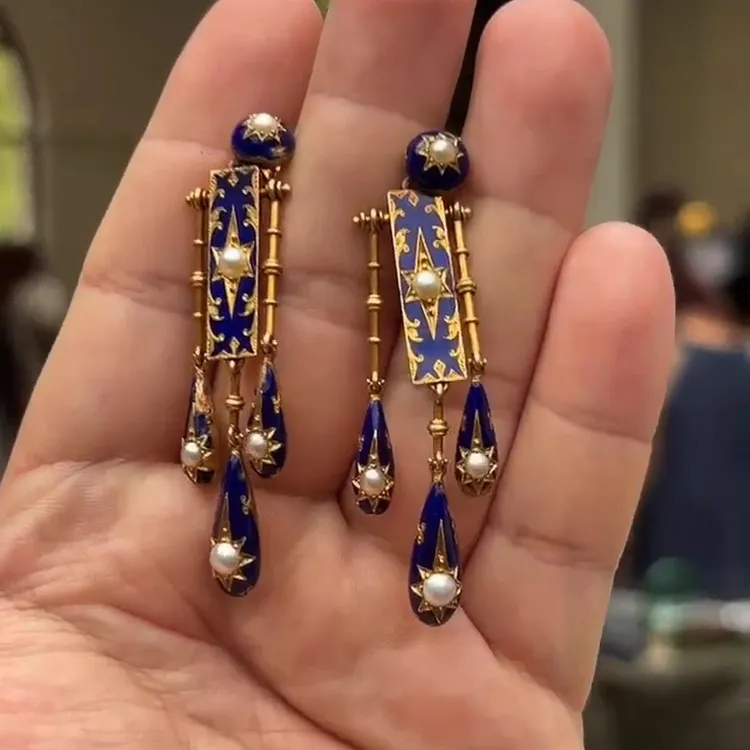 铜合金耳饰 vintage新中式古董泰景蓝八芒星耳环女款独特漂亮耳坠