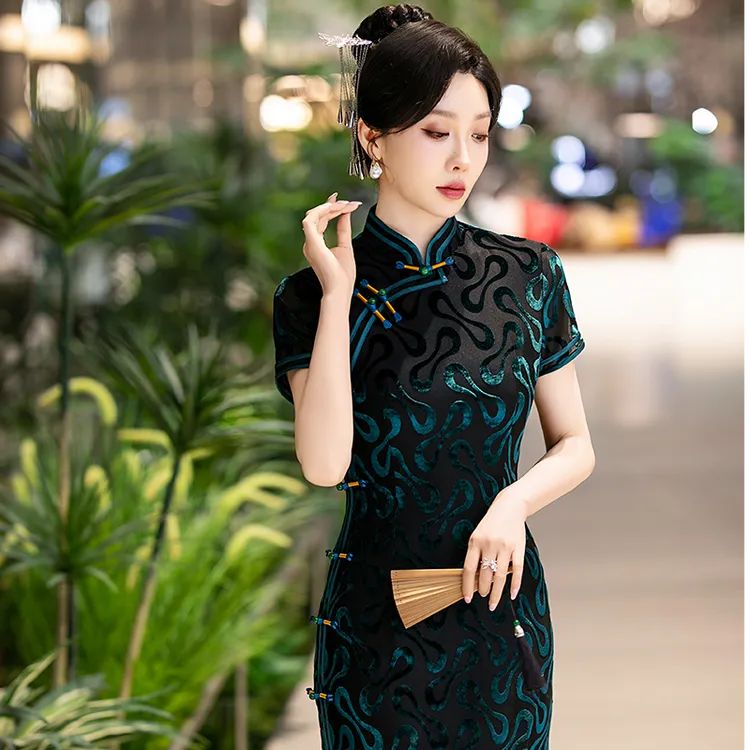 夏季丝绒修身高级中国风复古旗袍手工长款旗袍气质显瘦中式大码