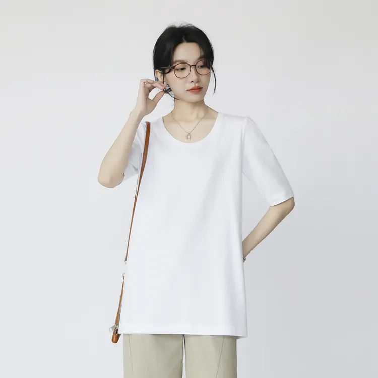 长款t恤遮屁股女五分中袖大U领棉质宽松叠穿大圆领打底衫中长上衣