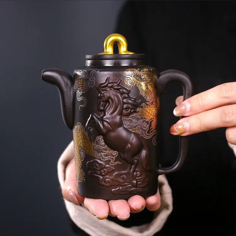原矿紫陶浮雕马到成功壶烫金龙纹家用高档泡茶壶宜兴紫砂功夫茶具
