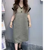 6352夏季条纹中连衣裙懒人条纹无袖裙外穿时尚宽松拼接过膝