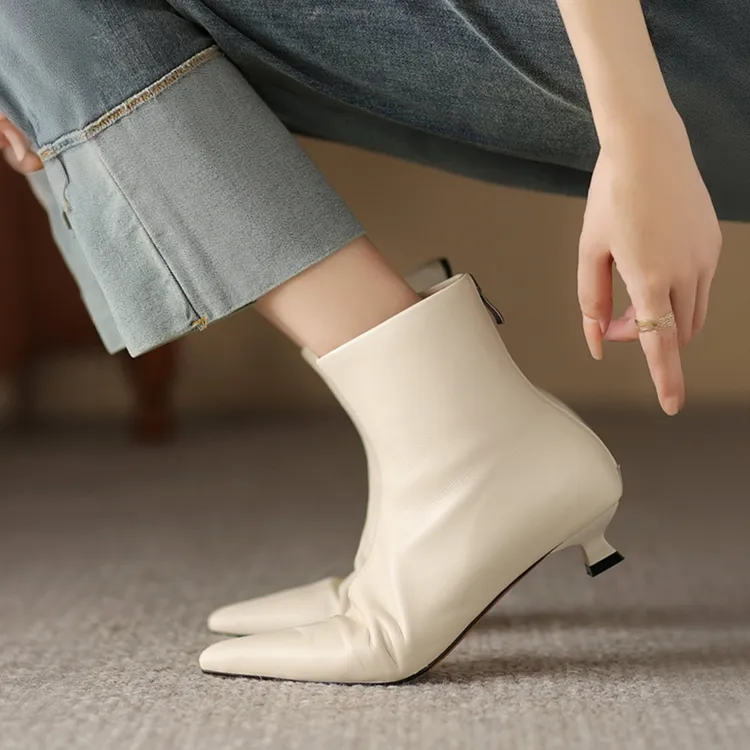法式羊皮中跟细跟短靴女单靴低跟尖头秋东瘦瘦靴2025新款时尚皮靴