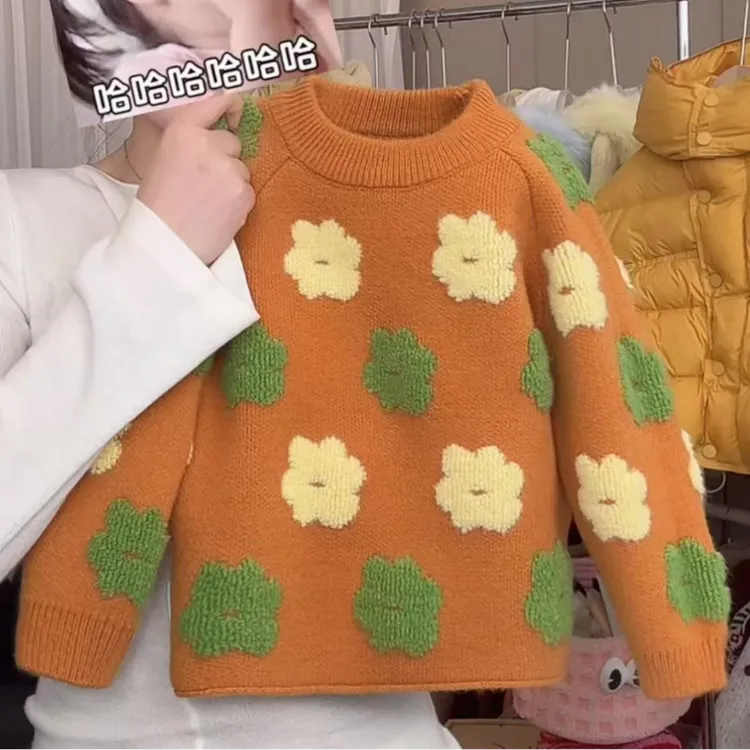 女童冬季新款针织衫洋气女宝宝卡通花朵圆领保暖毛衣