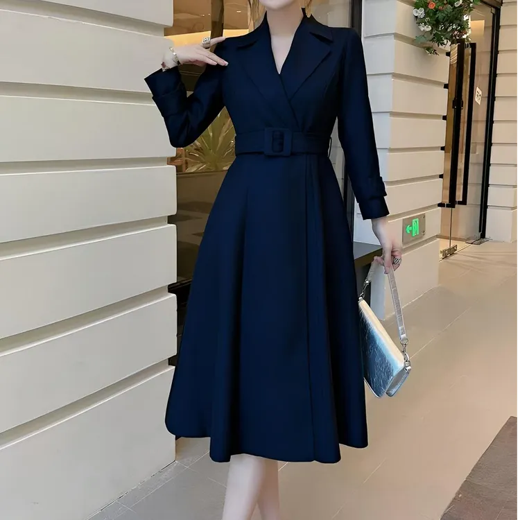 春秋季气质百褶长袖收腰显瘦高级感中长羊毛风衣女时尚赫本风优雅