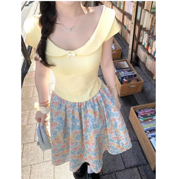 黄色娃娃领短袖t恤女夏季小个子修身显瘦气质碎花半身裙两件套装
