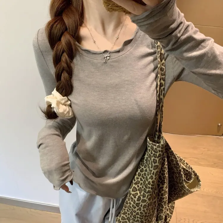 秋冬新款纯欲木耳边圆领T恤女修身显瘦纯色内搭打底衫长袖上衣女