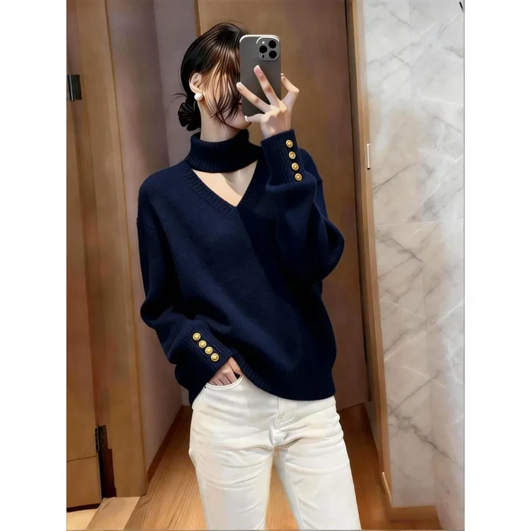 时尚慵懒风藏蓝色针织衫女款2025秋冬新款镂空巨好看软糯打底毛衣