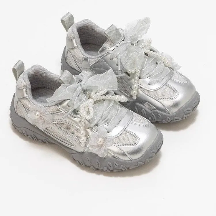 ABC女童德训鞋2025新款春季儿童银色鞋子大童运动鞋女孩透气春鞋