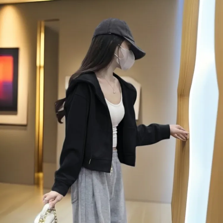 黑色保暖连帽卫衣外套女2025新款秋冬加绒宽松显瘦小个子开衫上衣