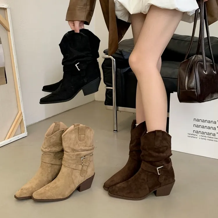 马丁靴女2025美拉德增高靴子尖头高跟单靴显瘦英伦风短筒堆堆短靴