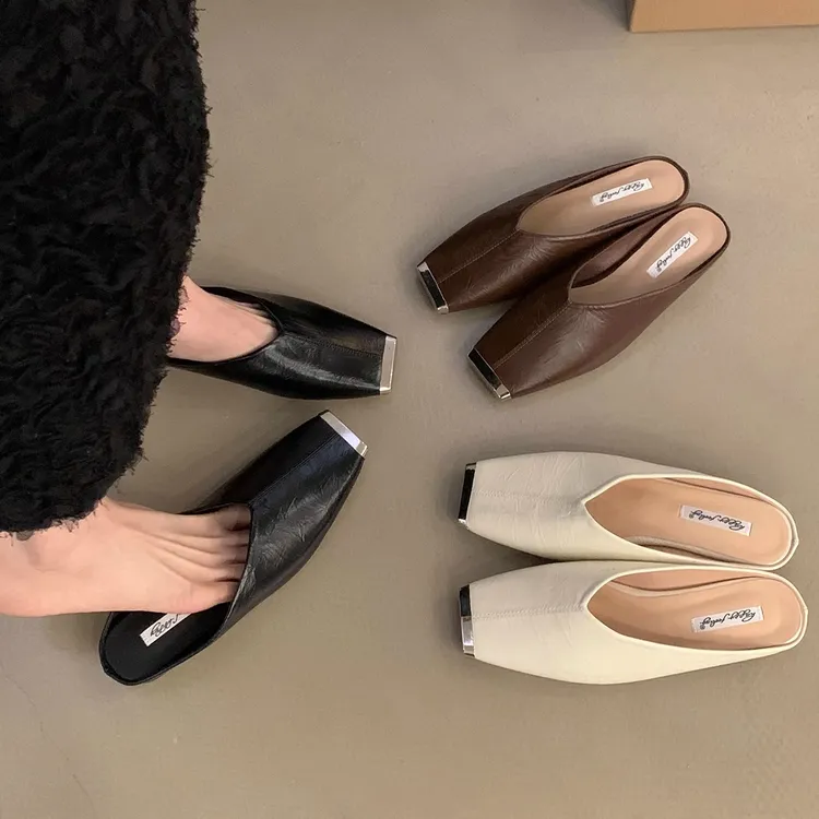 金属方头包头半拖鞋2025年夏秋新款韩版后空单鞋平底一脚蹬法式